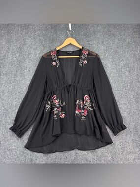 Express Black Sheer Tunic Top Embroidered Women’s M Dark Romantic Fairy Boho